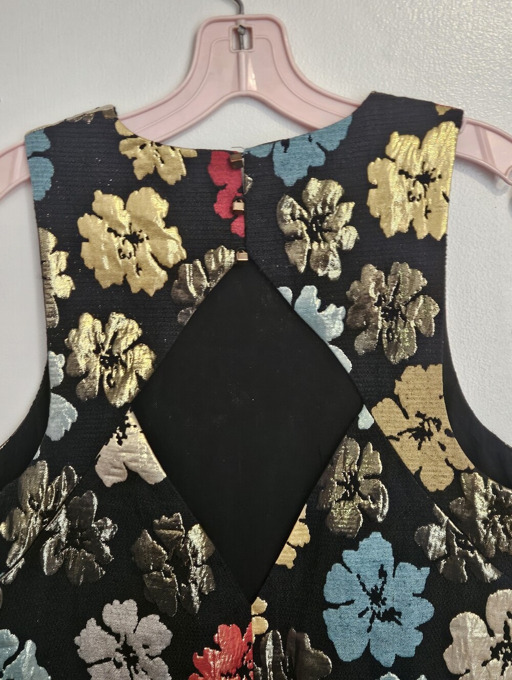Floral Metallic Jacquard Shift Dress - Black with Multicolor Flowers - Picture 5 of 11